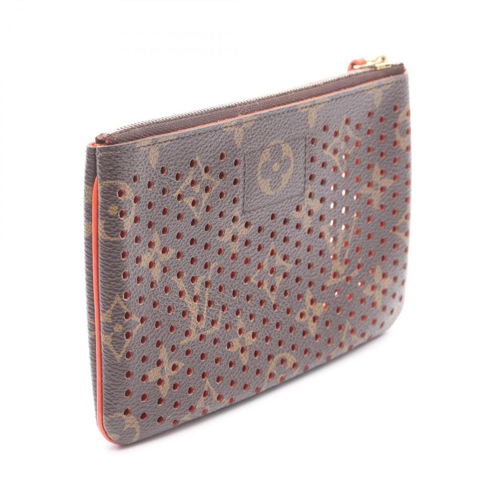 Louis Vuitton Plat Pouch Bag canvas leather Monogram Perfo Brown Orange
